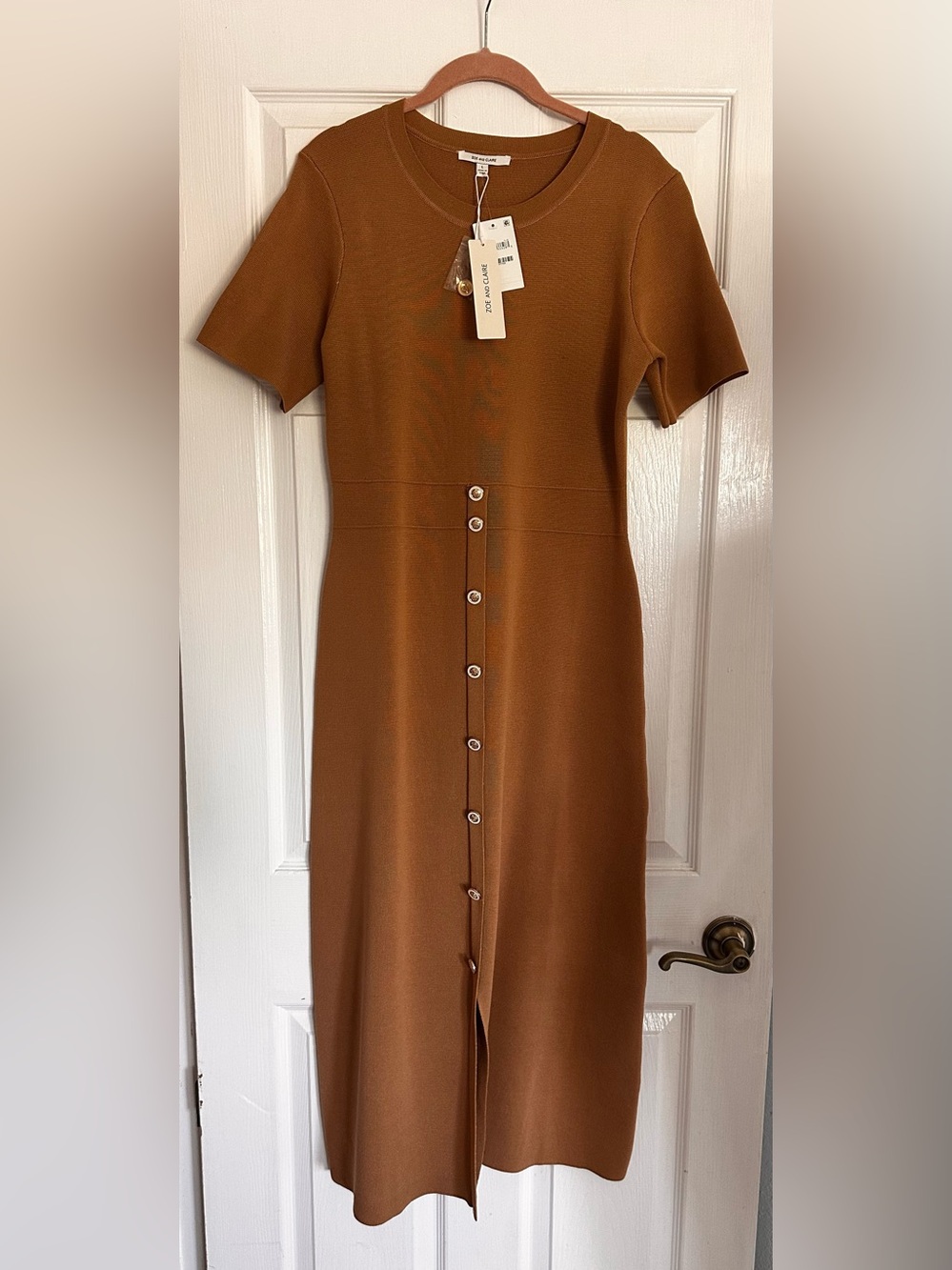 Button-Front Short Sleeve Midi Knit Dress in Caramel
